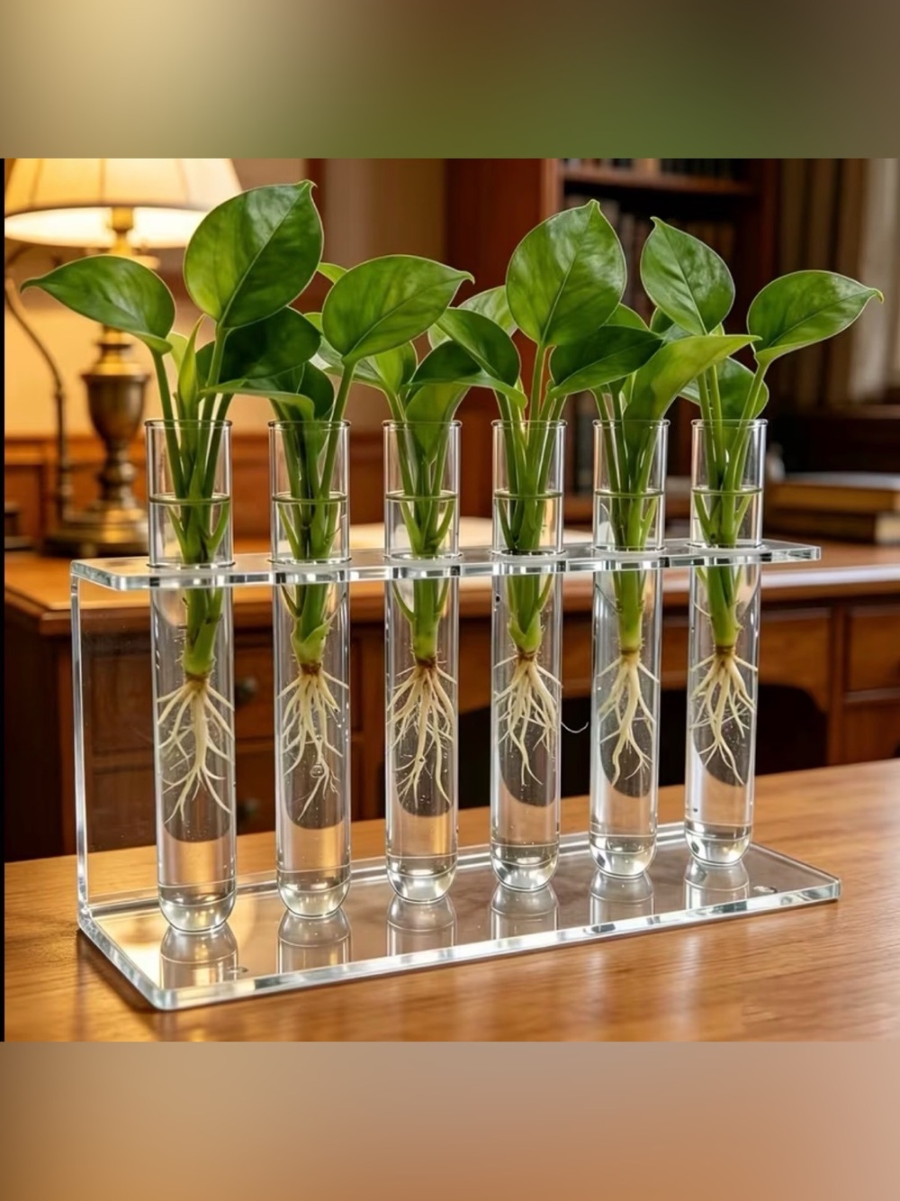 Clear Glass Hydroponic Propagation Station with Green Plant Cuttings